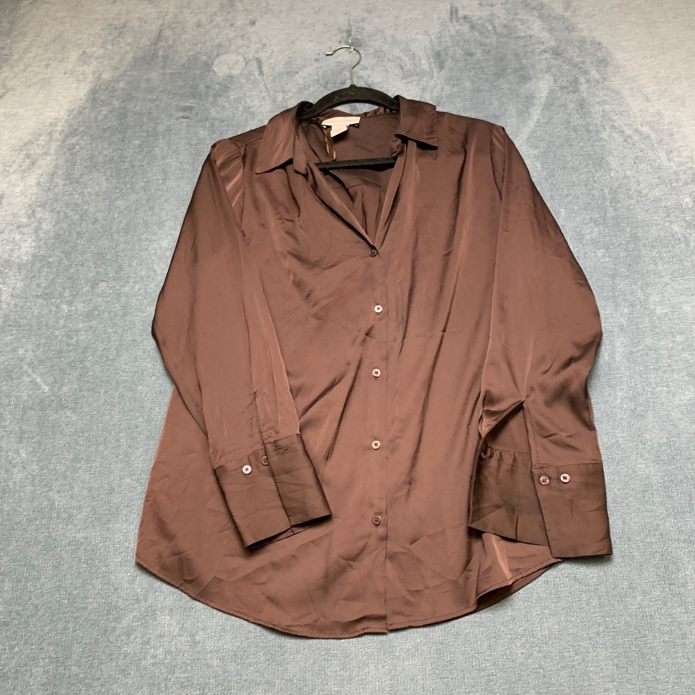 Cupcakes and Cashmere Shirt Women Medium Dark Brown Satin Classic Fit Minimalist